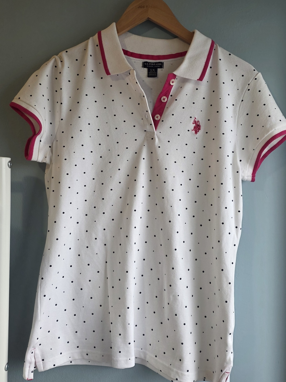 U.S. Polo Assn. White Polo Shirt with Pink Trim and Black Polka Dots